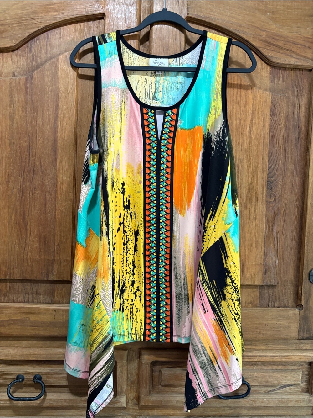 Beige by eci Turquoise, Yellow & Orange Abstract Sleeveless Tunic.